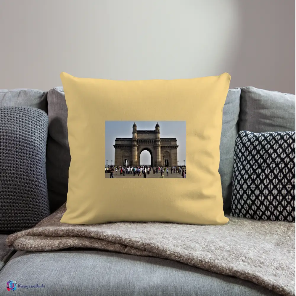 Gateway of India, Throw Pillow Cover 18” x 18” - washed yellow